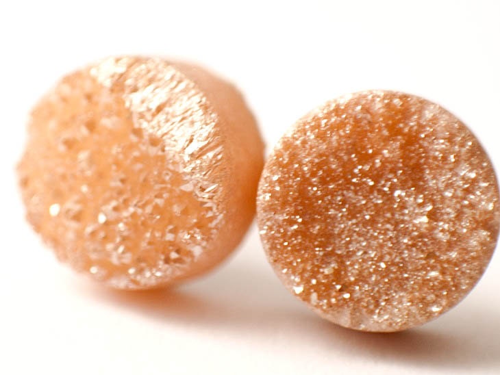 Boho Earrings - Champagne Moon - Rainbow Roze Toned Raw Druzy Round Quartz Agate Stud Earrings - Post, Jewelry, Wedding Accessories