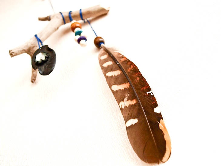 Unique Home Decor - Remembrance from the riverbank - Nursery Mobile with Natural Turkey Feather, Vintage Pendant, Pearls and Driftwood
