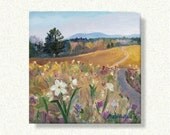 Oil Painting , Spring Meadow Landscape, SMALL,  lovely Scene golden daffodil FIELDS Flowers