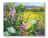 Pink and White Flowers and mountain vista landscape . oil painting . ORIGINAL ART ,  20 " X 24 " , garden , lake and mountain vistas.