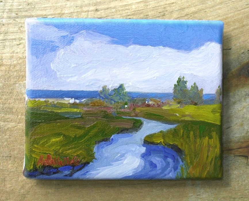 MOTHER loves the OCEAN Contemporary Salt Marsh Landscape Painting Blues Original art oil on 4"X5"  canvas reflections of my life in Maine - MyMainePaintings