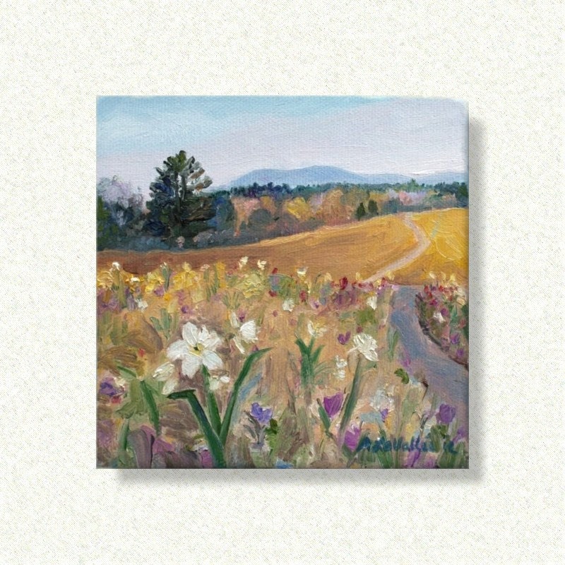 Oil Painting , Spring Meadow Landscape, SMALL,  lovely Scene golden daffodil FIELDS Flowers