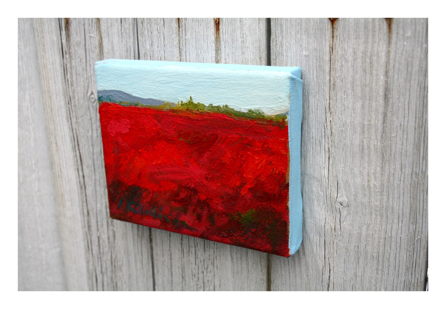 RED and BLUE Blueberry fields, aka Barrens Maine , Expressive small  Landscape Painting . Abstract  art oil  4"X5"  canvas