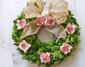 Boxwood greenery floral wreath door decoration home decor pink roses ephemera ribbon decorated Anita Spero