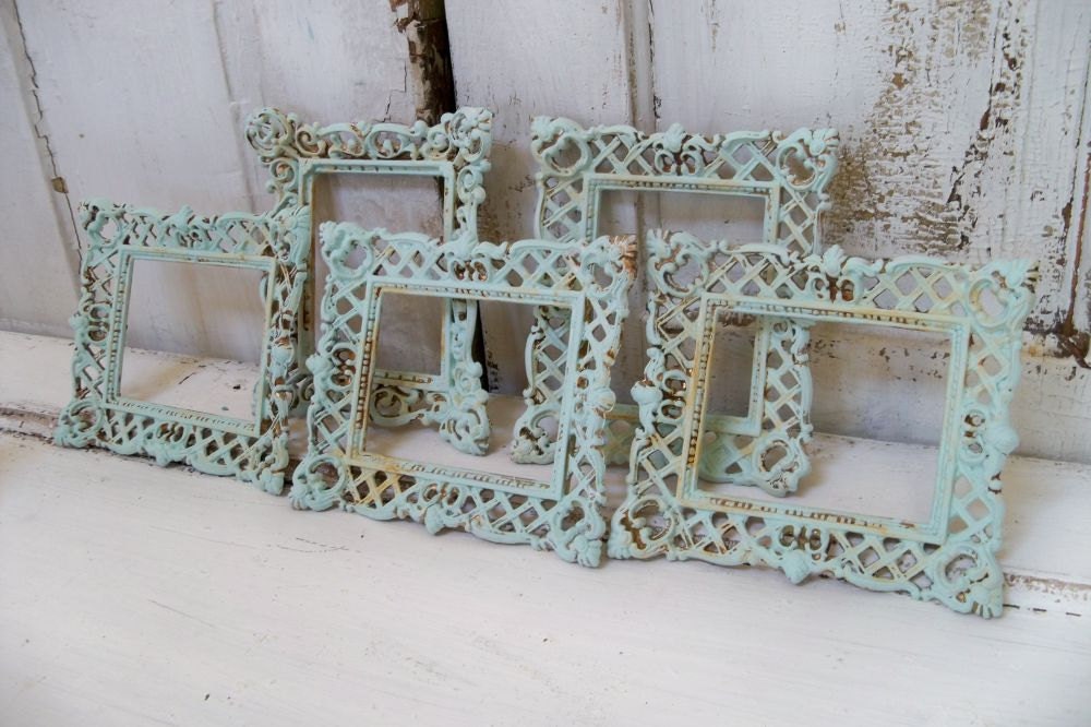 Soft aqua mint picture frames grouping vintage ornate distressed shabby chic french home decor anita spero