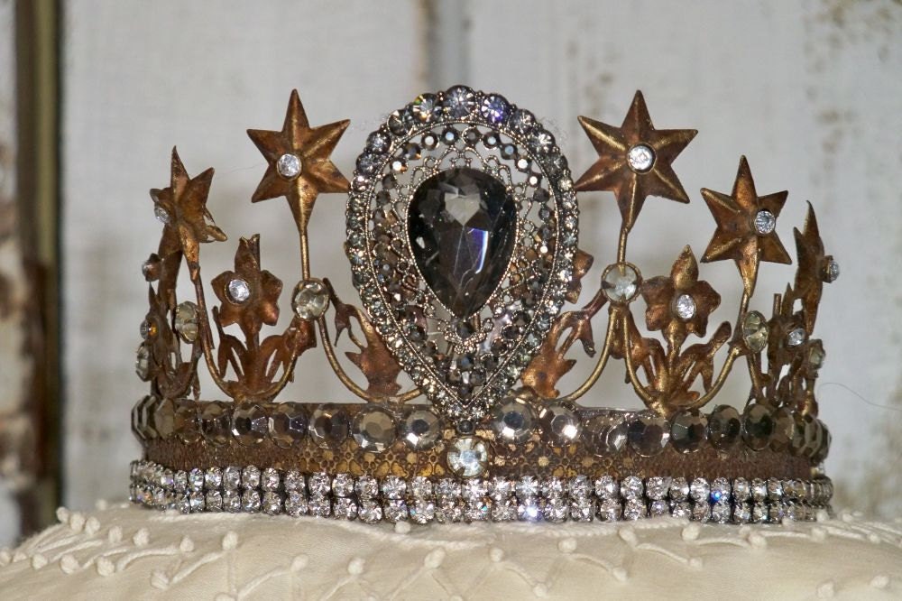 Brass rusty crown tiara embellished with large black stone French Santos inspired rusty aged home decor Anita Spero