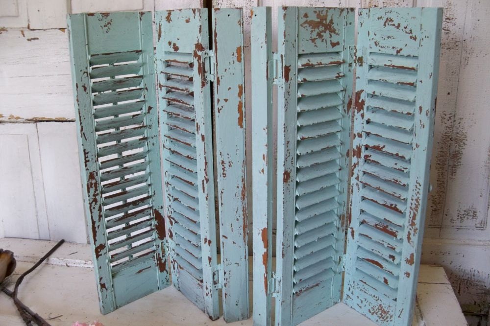 Wooden shutters blue green shabby chic beachy sea glass wall or table home decor Anita Spero