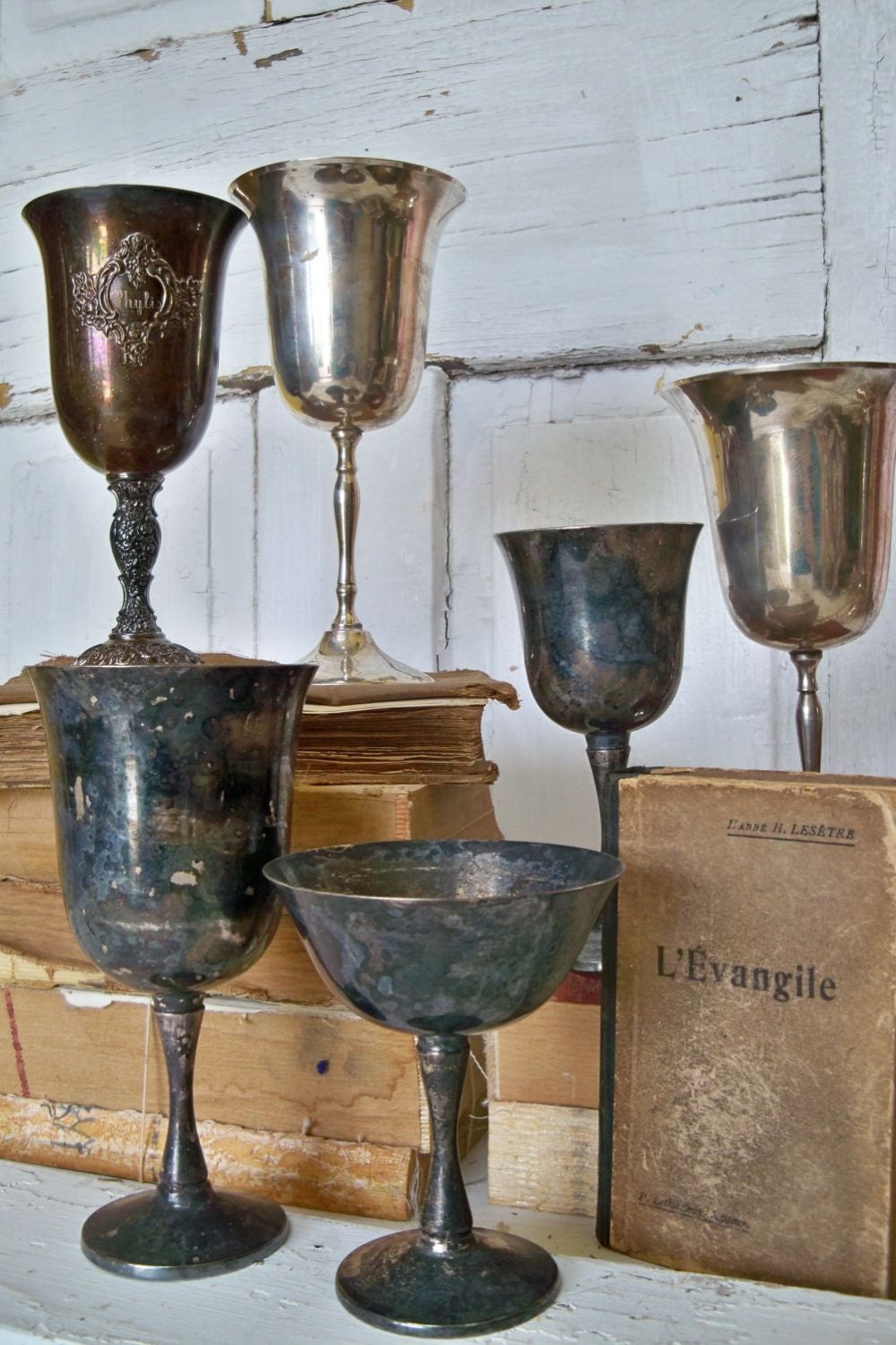 Six silver plate goblets ornate mix French farmhouse vignette pieces chalice wedding home decor Anita Spero