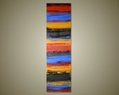 Original Art on Wood Panel - Abstract Acrylic Painting on Timber - Red, Blue, Yellow, Black Stripes: Tribal - Small 25 x 7