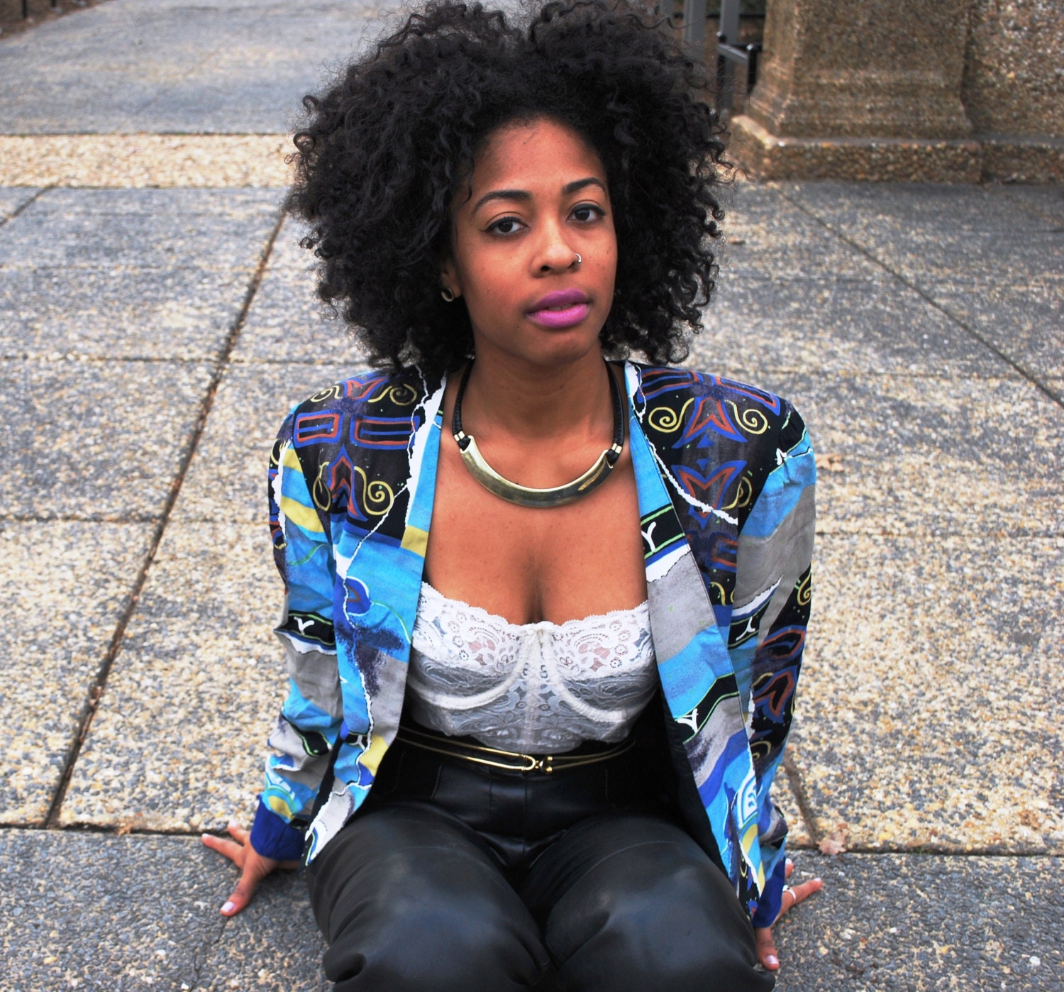 Vintage 80s Blue Abstract Print Collarless Jacket