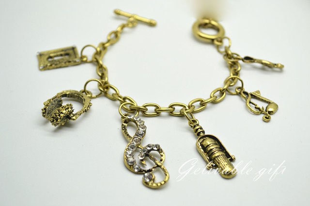 Music Lover charm bracelet,magnetic tape,headset earphone,Crystal music notes,microphone charms bracelet BML01