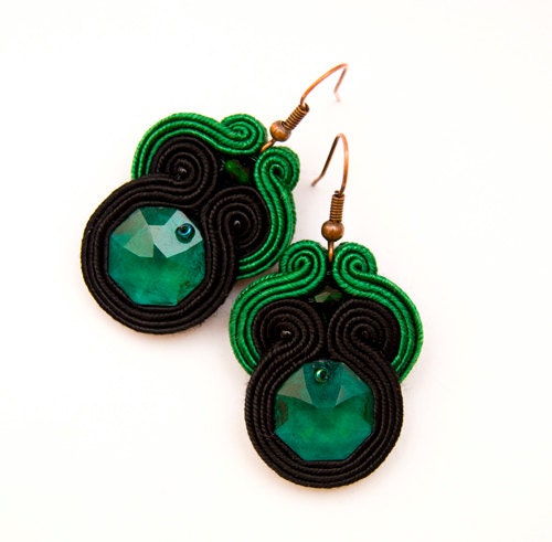 Emerald green pantone earrings - bold and embroidered - ready to ship - MANUfakturamaanuela