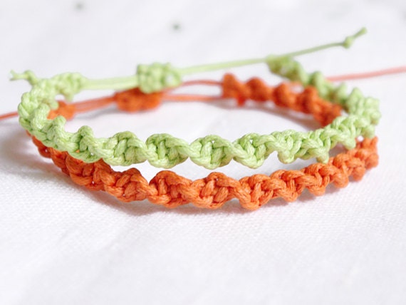 Set of Two Hemp Bracelets - Friendship Bracelet - Lime green,Orange Bracelets - Spiral Bracelet - Knot Bracelet