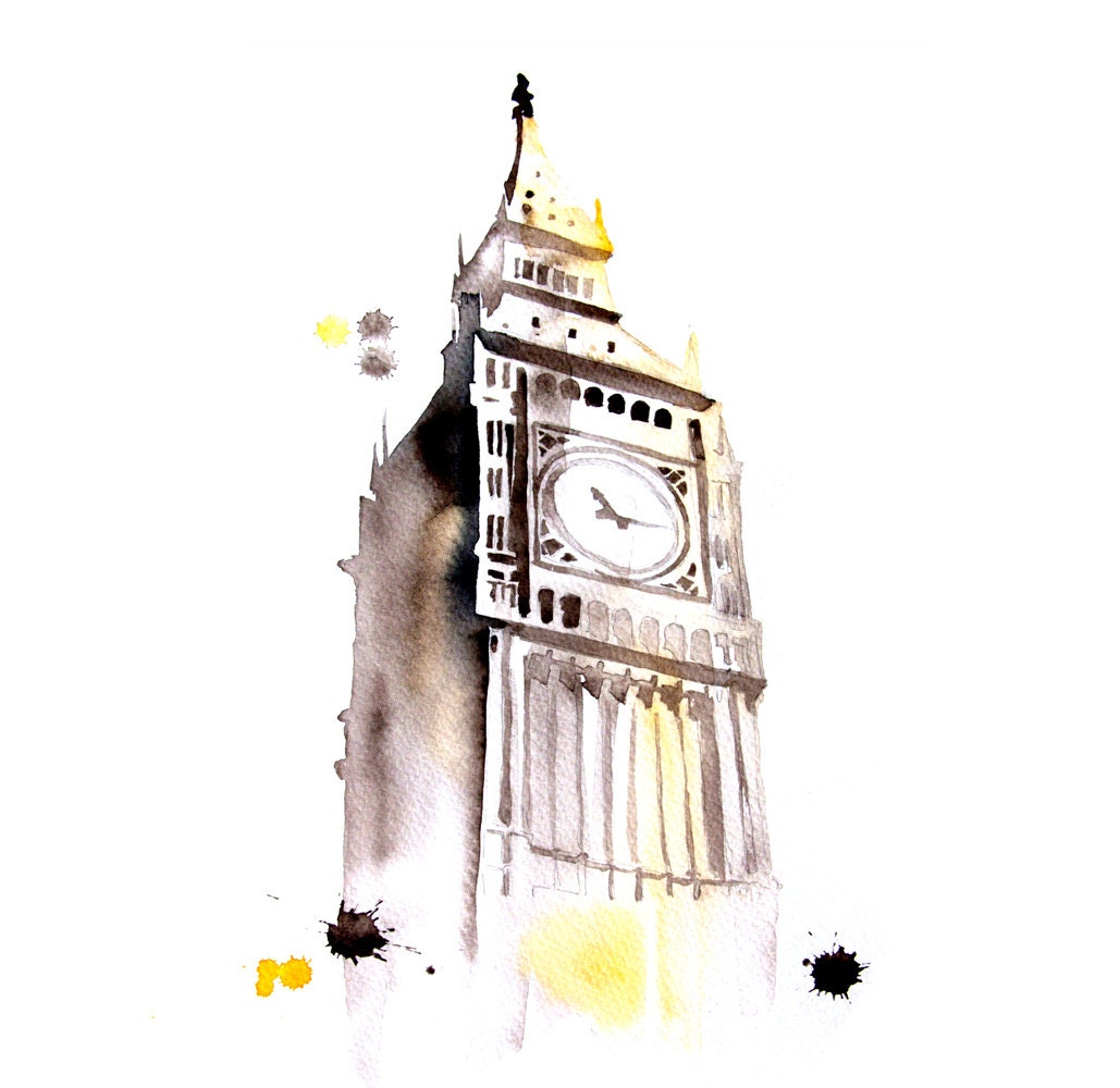 London Big Ben Original watercolor painting 13 x 18 - aquatory