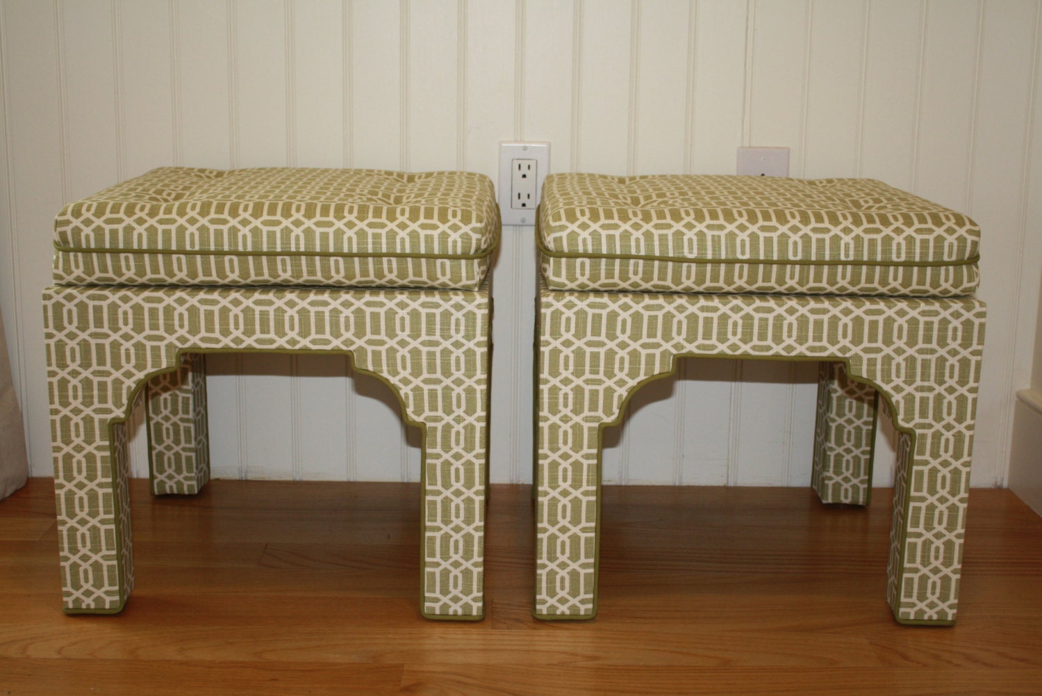 Pair upholstered Mid Century style Pagoda bench stool ottoman geometric fabric reproduction green