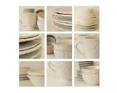 SET OF 9, Stoneware Dishes Photographs, Beige Kitchen Decor,  Dining Room Decor, Minimalist, Color Fine Art Photography 5x5 Wall Prints