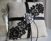 NEW- Cream Burlap with Black Vintage Lace Applique and Brooch
