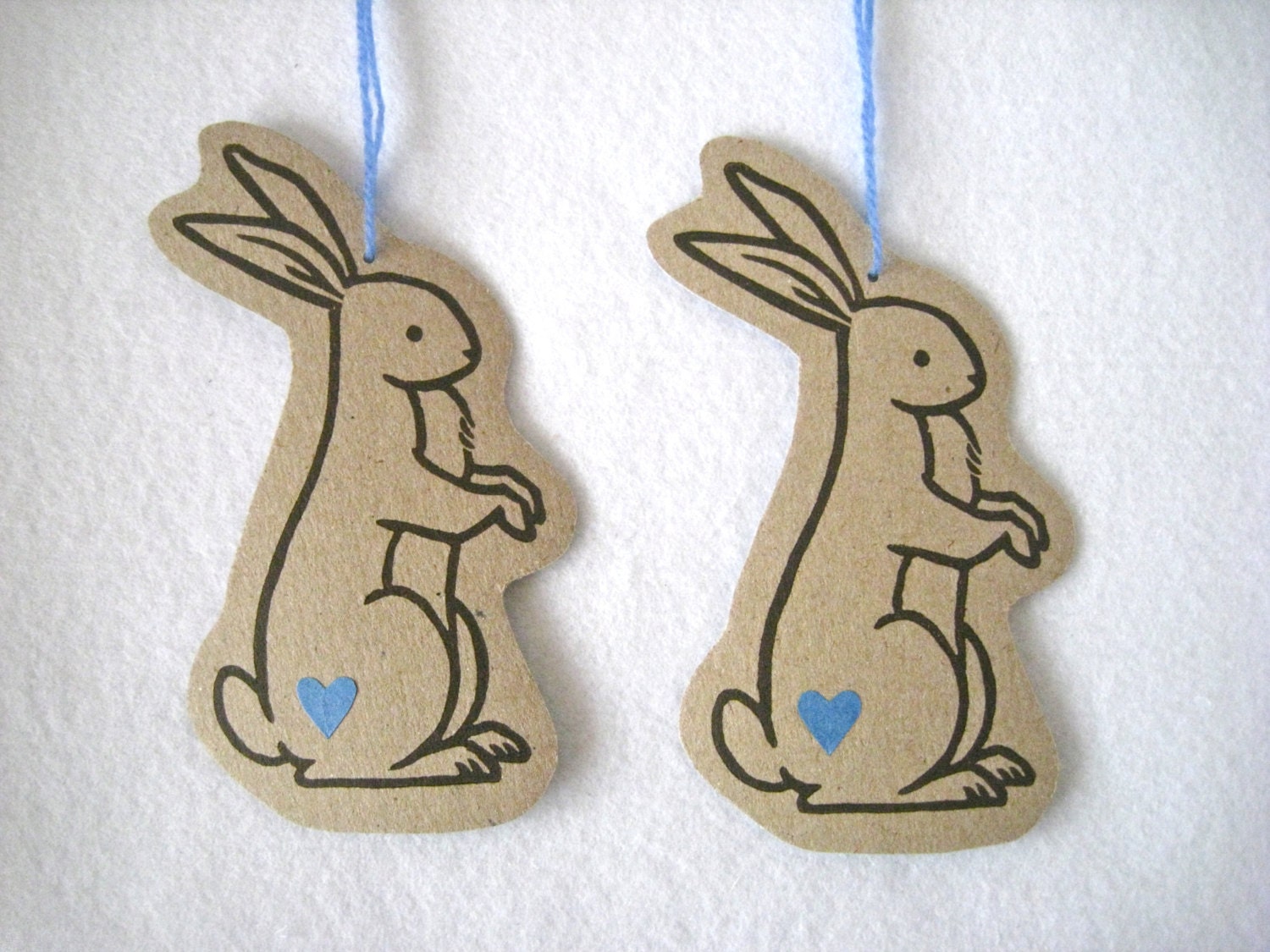 Set of 2 Hand Printed Ornaments / Decorations/ Wall hangings ( Blue ) - original linocut rabbit design