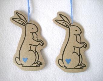 Set of 2 Hand Printed Ornaments / Decorations/ Wall hangings ( Blue ) - original linocut rabbit design
