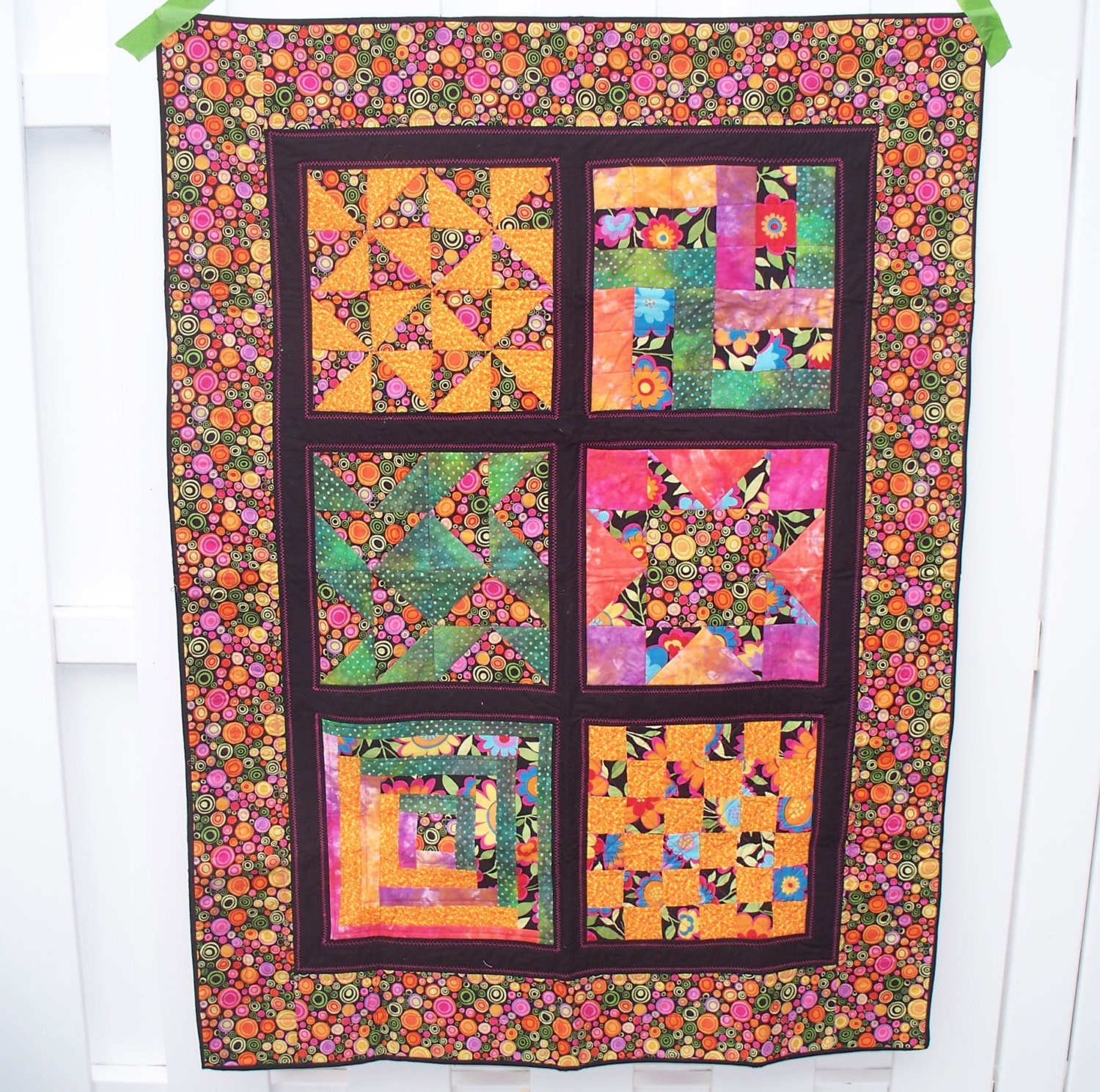 Patchwork Sampler Quilt or Wall Hanging in Pink, Orange, Green, Yellow, Purple and Black Colors