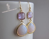 SALE 10% - Lavender-Violet opal framed glass earrings in gold, dangle earrings, drop, chandelier earrings, wedding jewelry, bridesmaid