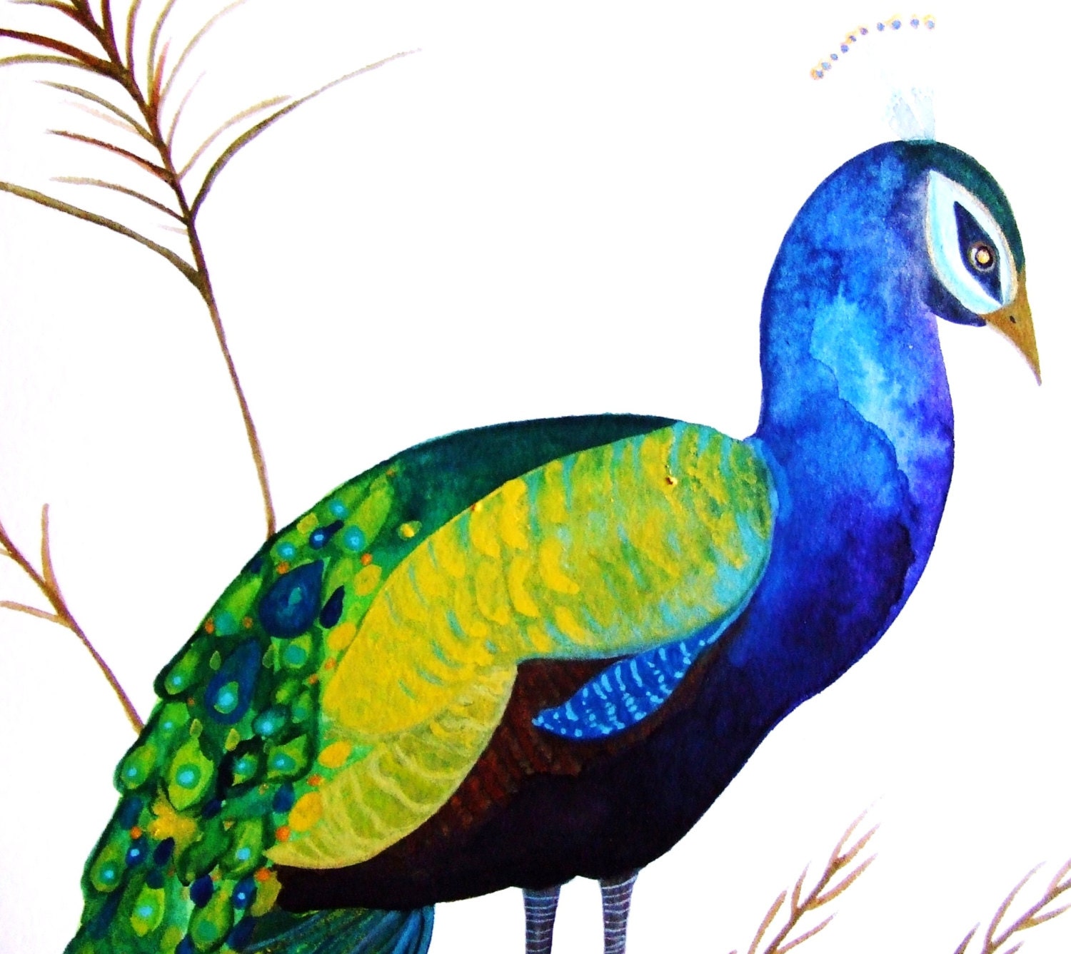 Peacock Watercolor Original Painting Ink Bird Feathers Animal Nature Original Drawing Contemporary Art Blue Green Wall Art Fine Art Bird