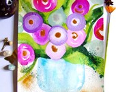 Flowers Watercolor Ink Bouquet Painting Flowers Contemporary Art Still Life Flowers Decor Blue Pink Flowers Painting Flowers Art Drawing