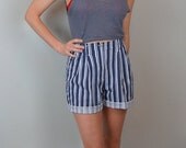 SPRING SALE High Waisted Blue and White Stripped Pleated Shorts// Cotton// Small
