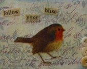 Follow Your Bliss Bird Encaustic Art, Brown Bird Beeswax collage, Miniature Art, Home Decor