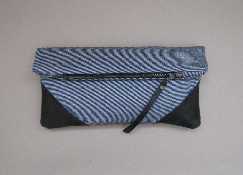 tweed and leather, fold-over clutch, minimal, modern