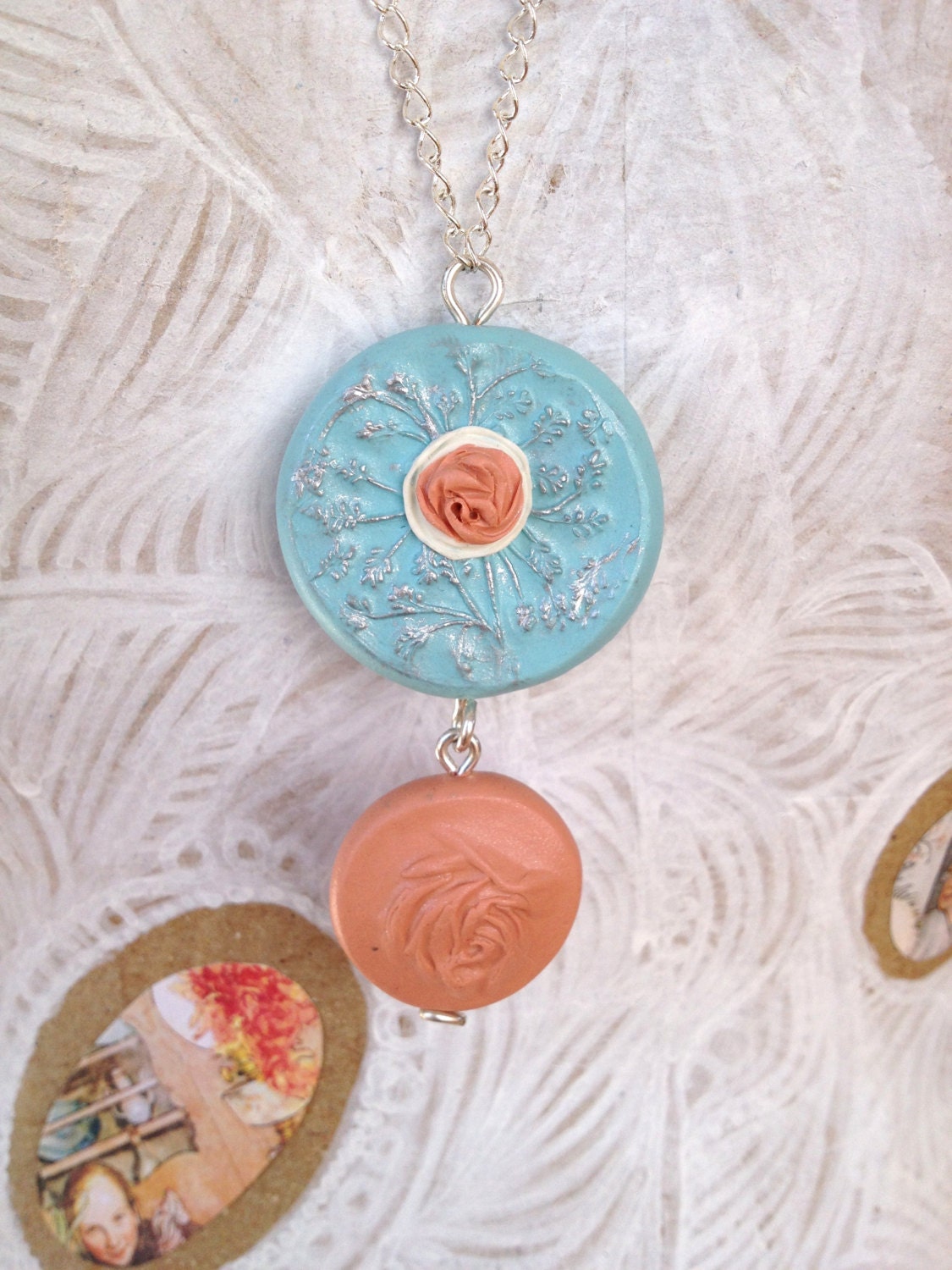 Roseleaf mother-and-child handmade polymer clay long pendant necklace - sky blue and peach