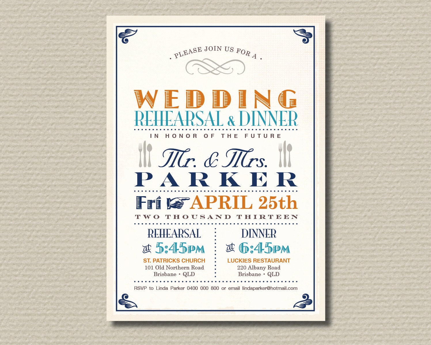 Printable Rehearsal Dinner Invitation - Vintage Poster Navy, Orange and Teal (RD06)