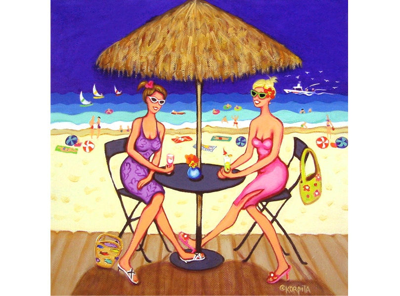 Sea for Two - Colorful Women Beach Seashore Ocean Glicee Girlfriends Print from original painting Korpita ebsq