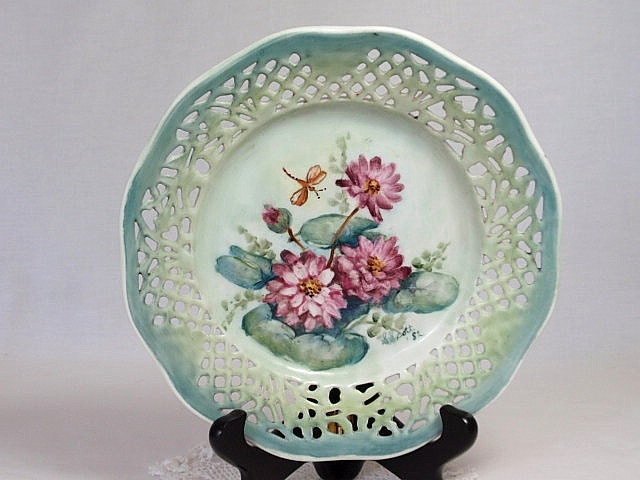 Plate Turquoise Blue Schumann Arzberg Bavarian Reticulated, Pink Pond Lilies, pink floral plate