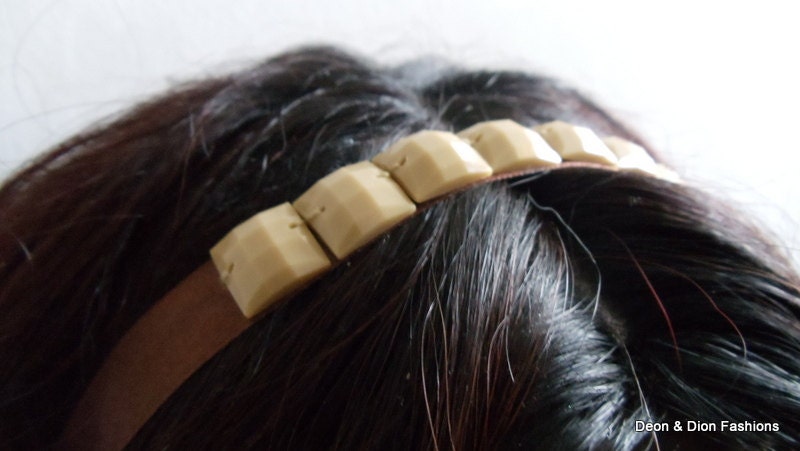Headband Chocolate Brown Satin Tan Faceted Jewel Buttons Women Teens Girls