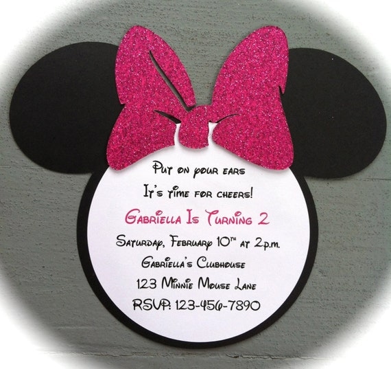 10 Handmade Minnie Mouse Invitations with Number on back - Hot Pink Glitter Bow