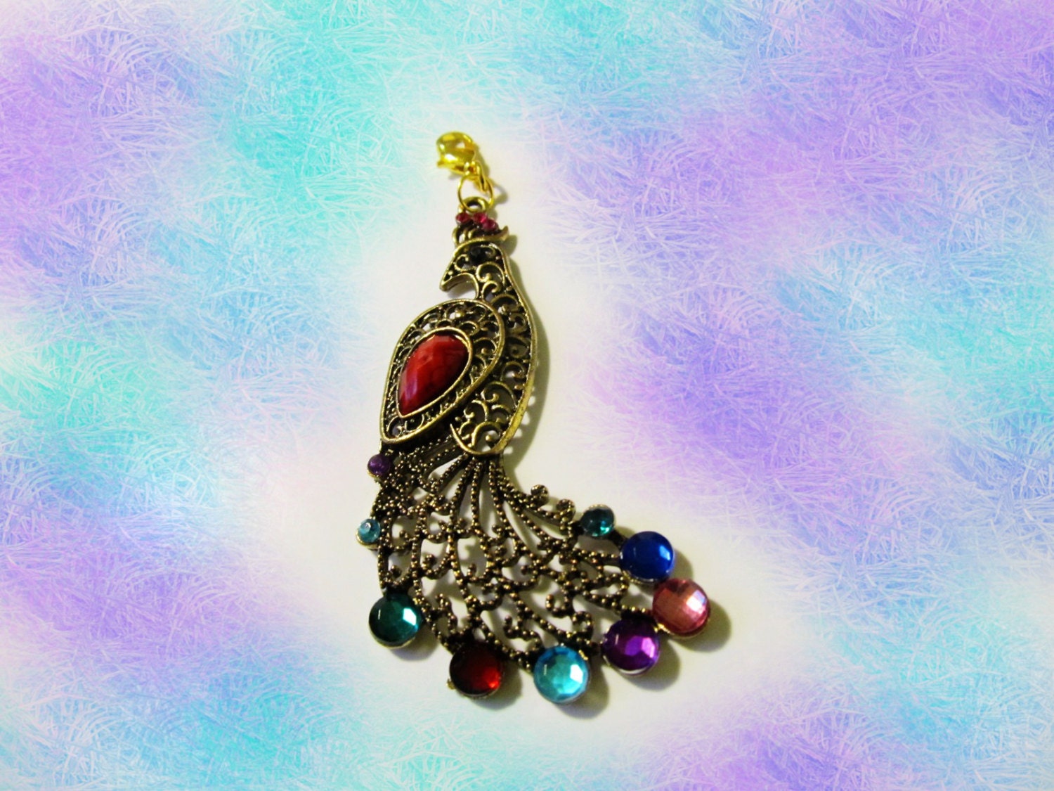Exotic Red Turquoise Antique Bronze Colorful Peacock Add On Key Chain Charm, for Keys, Purse, or Necklace accesory