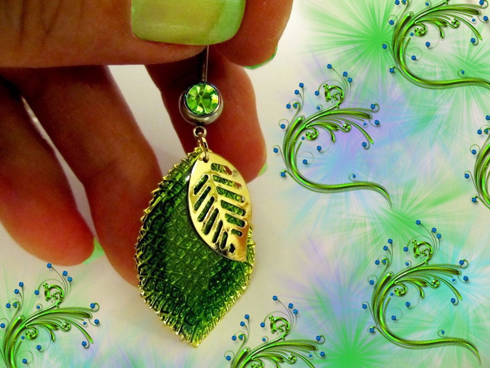 SALE---Belly Ring, Golden Glossy Green Leaf with Dangling 14K Gold Filigree Leaf, Belly Button Jewelry, For Her