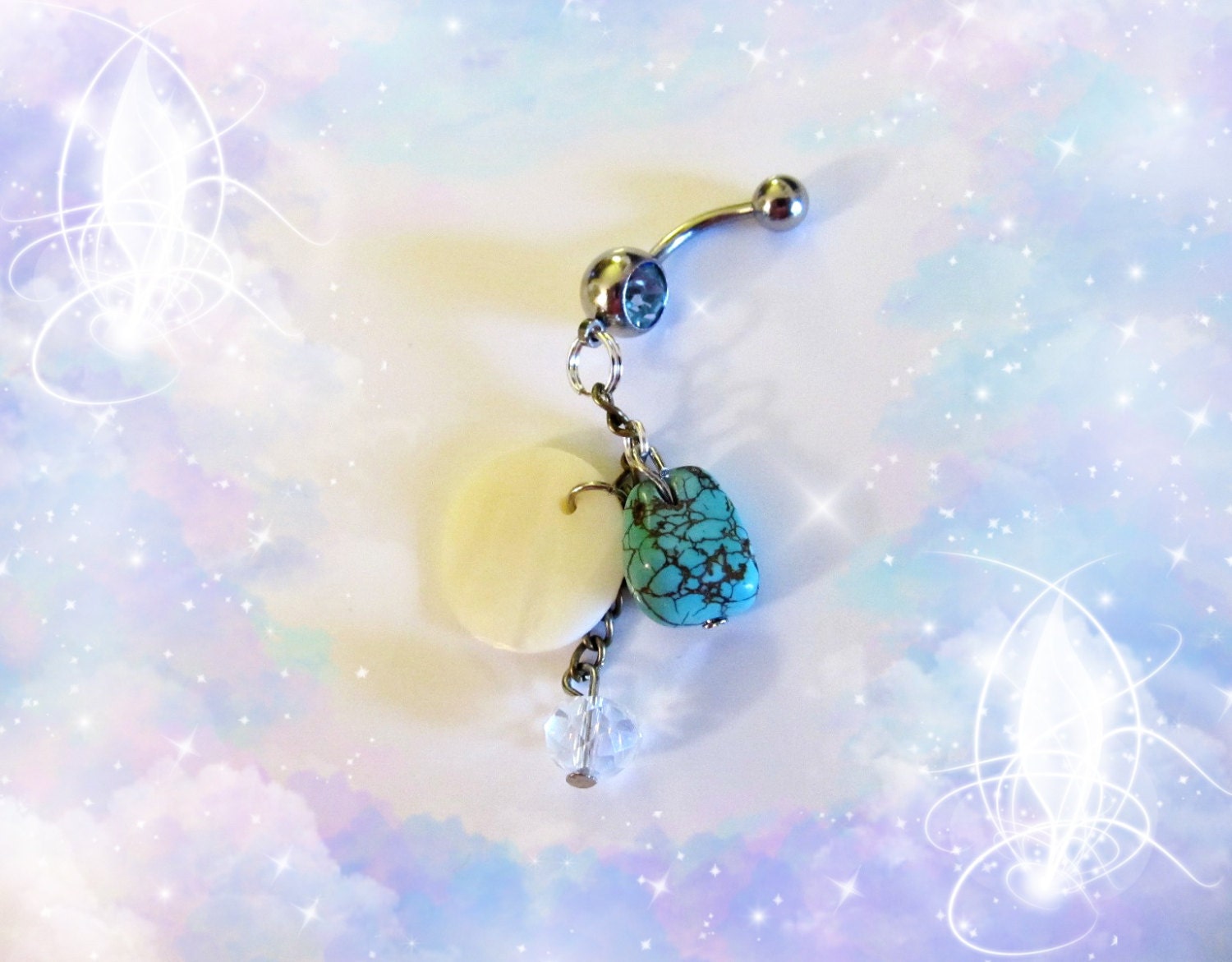 SALE-Belly Ring, Dangling Genuine Turquoise Stone, Crystal & Mother of Pearl Abalone, Belly Button Jewelry, For Her