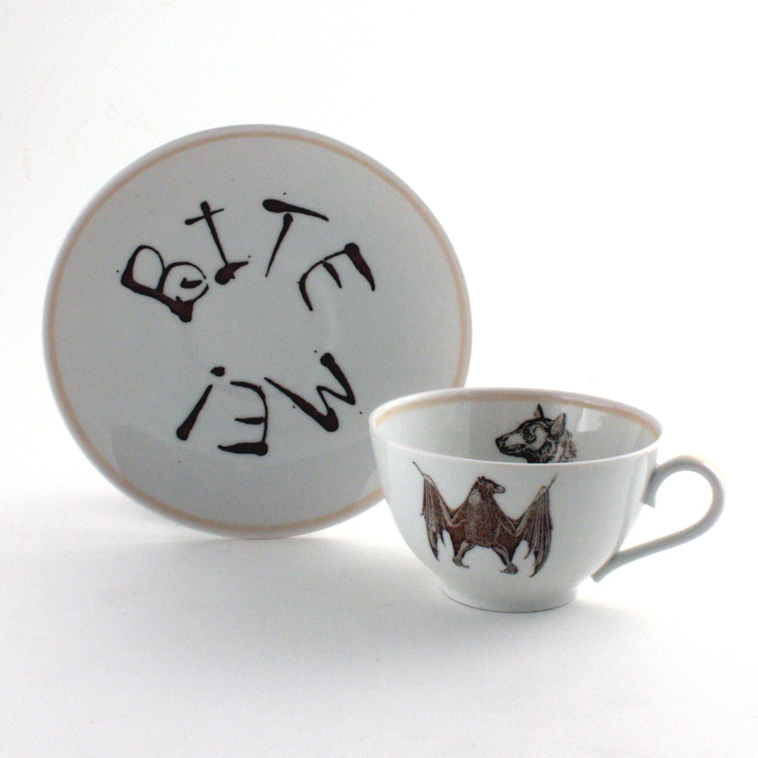 Bite Me Bat Cup Recycled  Vintage Tea / Coffee Porcelaiin Spooky Funny Fun Humorous Haloween White Brown
