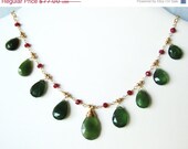 ON SALE Gold necklace with green serpentine and ruby, gold filled jewelry OOAK