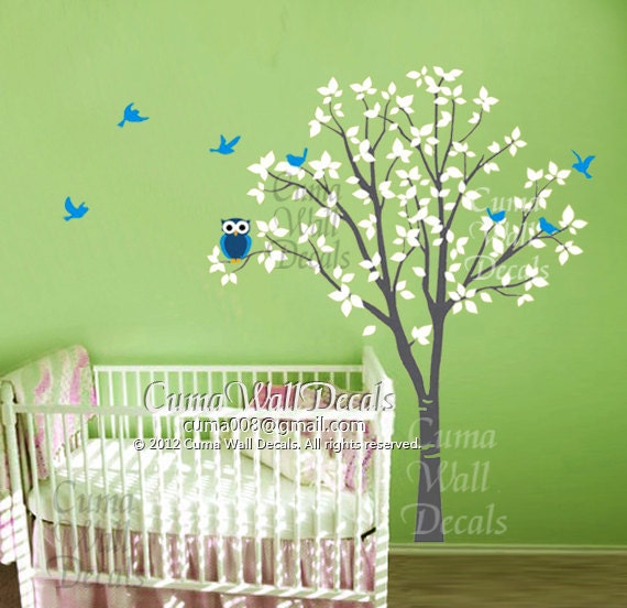 Nursery wall decal owl children Nature Green Tree Wall mural tree wall decal wall sticker vinyl mural- tree owl butterfly Z142 Cuma