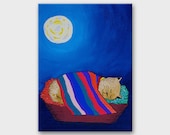 Nursery Art Goodnight painting Cat painting on canvas Sleeping kitty  Home decor Animal painting Blue night tiny children room decor 6x8