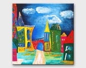 Painting on canvas Modern Abstract Colorful City Fantasy Houses Original Art Handpainted Bright Wall Art For Home decor 16x16
