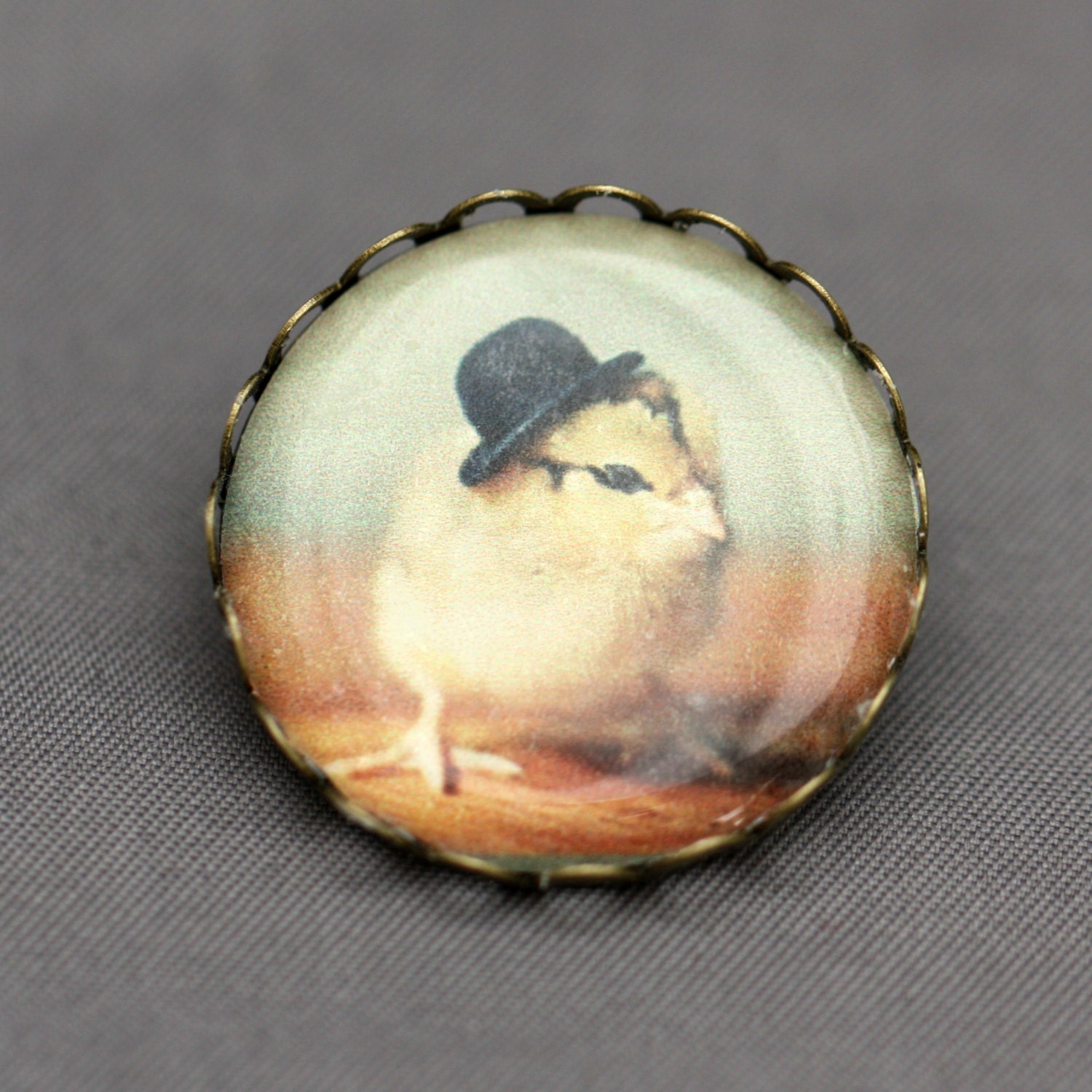 Photo Brooch of A Chick In A Derby Hat Antique Bronze Pin