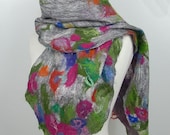 Felted scarf- felt scarf merino wool nunofelt winter fiber art gift  gray pink green multicolor