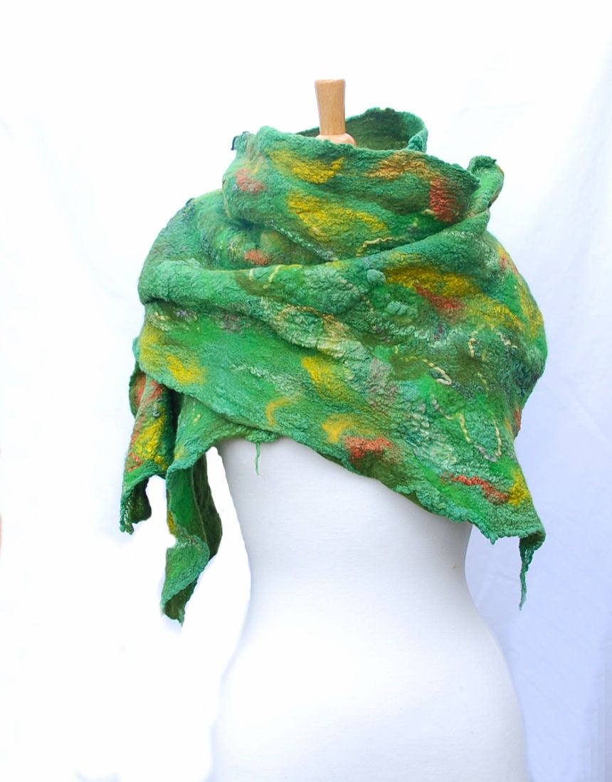 Nunofelt scarf   felted  felt scarf merino wool nuno felt   yellow green   felted art - AnnaWegg