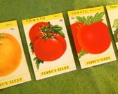 Set of 4 Vintage Seed Pack Labels, Tomato, colorful graphics
