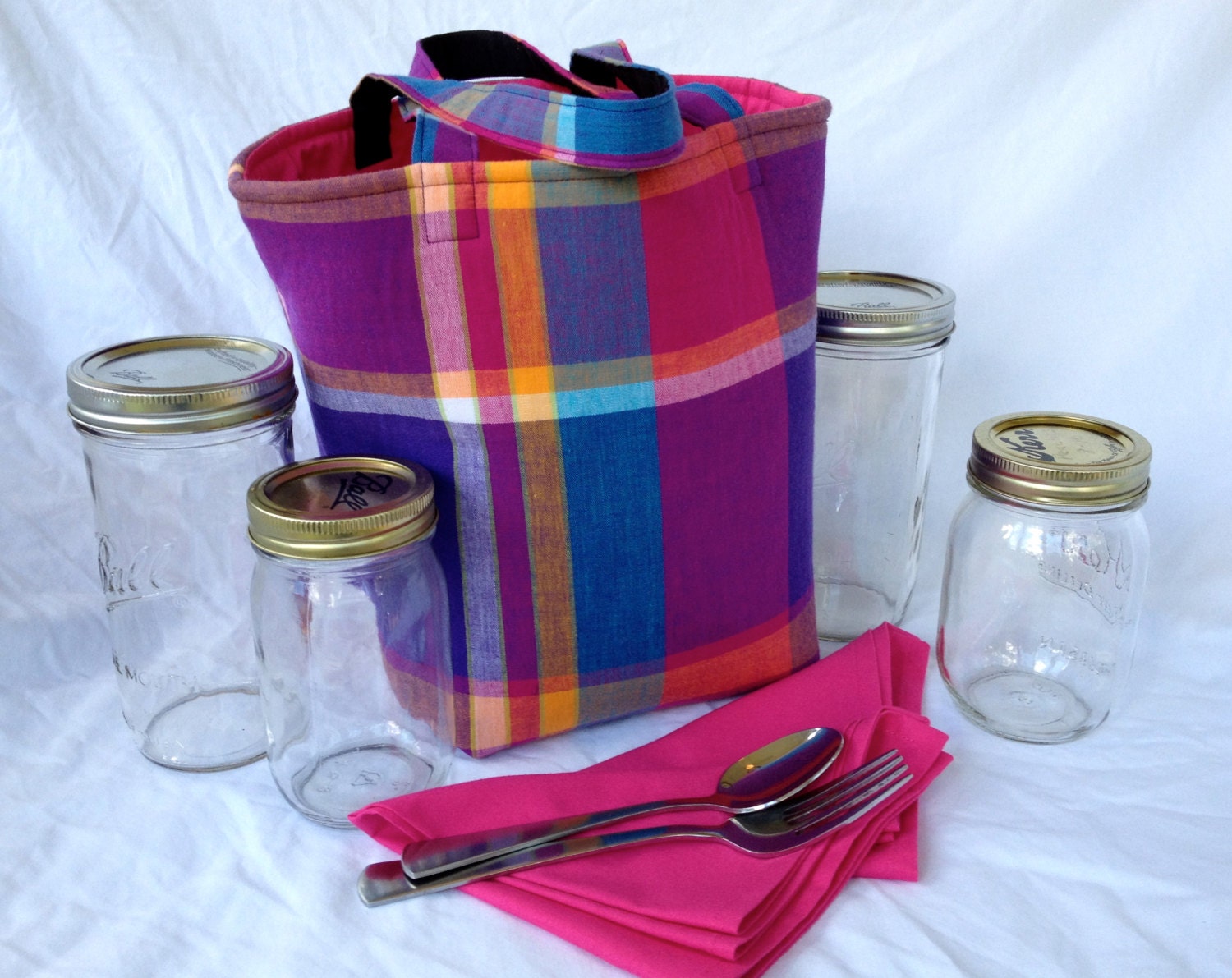 Four-jar Jars to Go Bag - purple plaid mason jar lunch bag