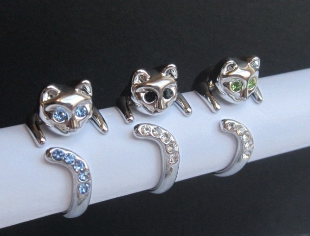 SALE - 4 Kitty Rings Buy 3 Get 4  - Beautiful Cat Rings with blue/green/white/black crystals. Cat - cat lover - cats - kitty ring - kitten